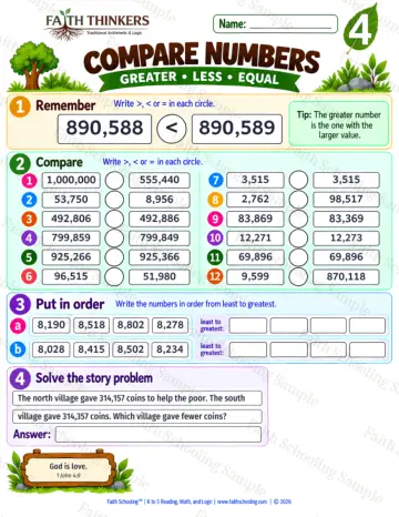 4th Grade math worksheet — Comparing and Ordering Numbers Practice 9