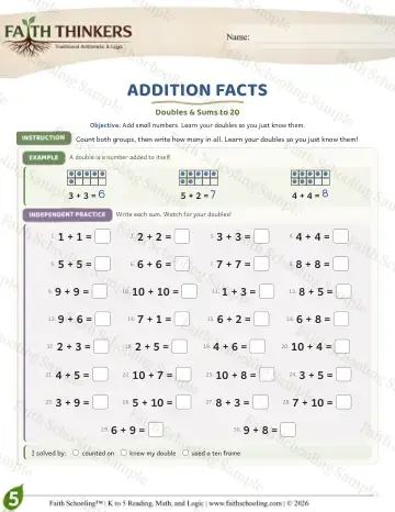 5th Grade math worksheet — Addition Facts (Practice 6)