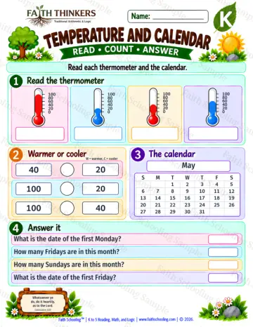 Kindergarten math worksheet — Temperature And Calendar Practice 5