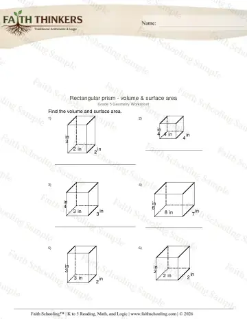 5th Grade math worksheet — Geometry Rectangular Prism Volume Surface Area 3