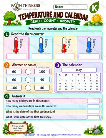 Kindergarten math worksheet — Temperature And Calendar Practice 7