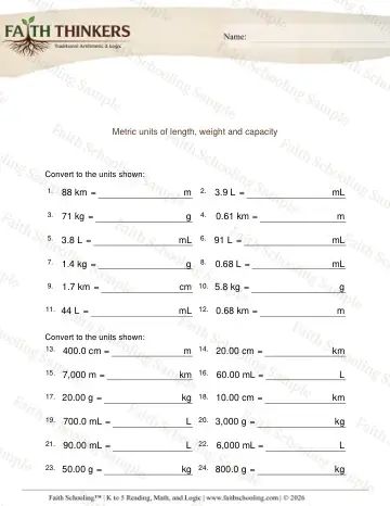 4th Grade math worksheet — Convert Metric Units Length Weight Capacity 5