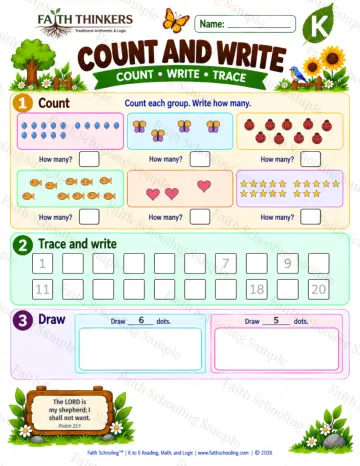 Kindergarten math worksheet — Counting Scattered Sets Practice 6