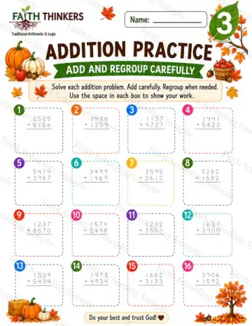 3rd Grade math worksheet — Fall Addition Practice 9