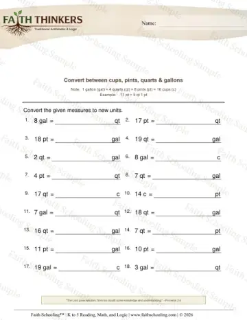 3rd Grade math worksheet — Converting Units. Converting Cups Pints Quarts Gallons Hard 7