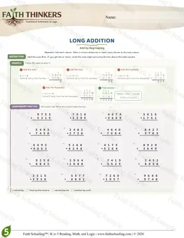 5th Grade math worksheet — Addition with Regrouping. Long Addition (Practice 4)