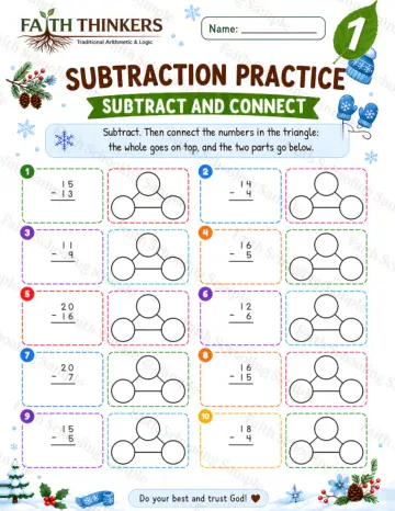 1st Grade math worksheet — Winter Subtract And Connect Practice 9