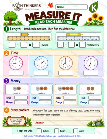 Kindergarten math worksheet — Money and Measurement Practice 6