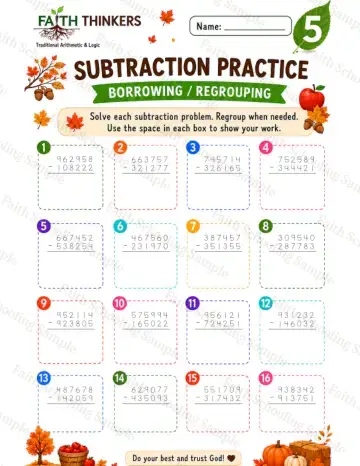 5th Grade math worksheet — Fall Subtraction Practice 7