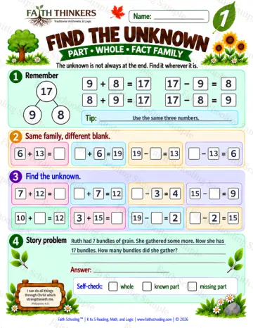 1st Grade math worksheet — Find The Unknown Practice 6