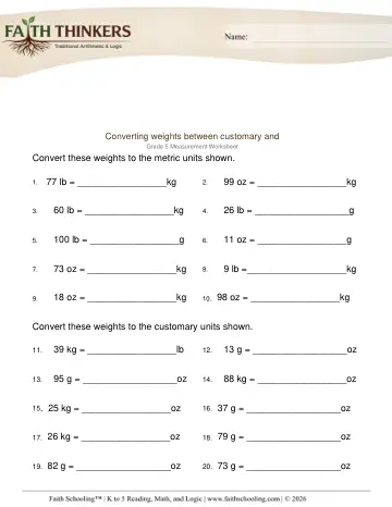 Grade 5 Math: Mass Weight — worksheet preview