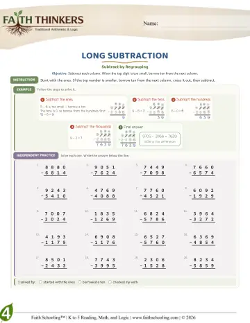Grade 4 Math: Long Subtraction — worksheet preview