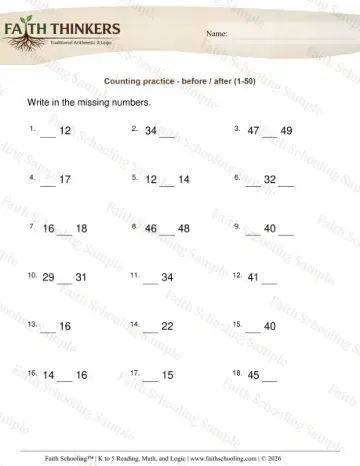 1st Grade math worksheet — Counting Practice Before After 6