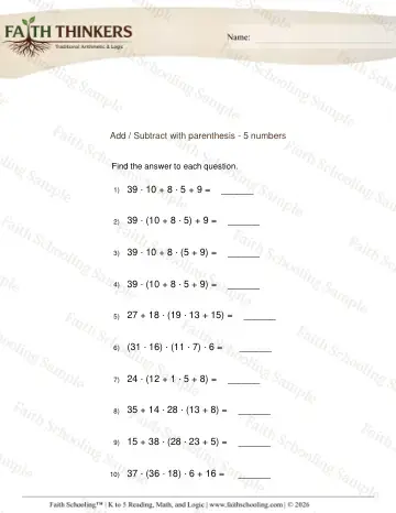 3rd Grade math worksheet — Order Operations Add Sub 7