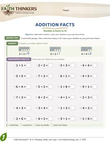 Grade 1 Math: Addition Facts — worksheet preview