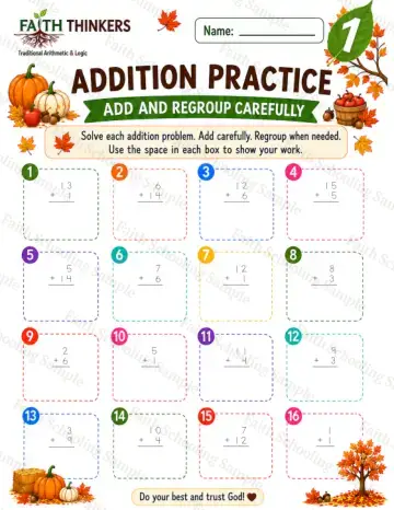 1st Grade math worksheet — Fall Addition Practice 5