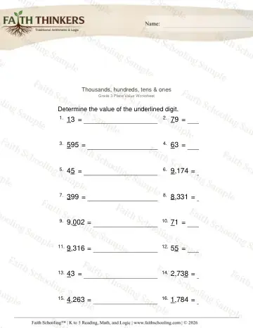 3rd Grade math worksheet — Place Value Digit 2