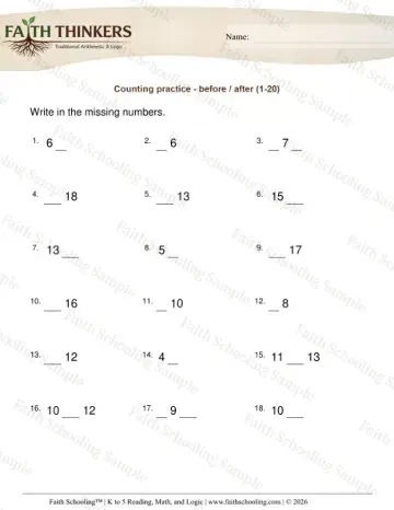 1st Grade math worksheet — Counting Practice Before After 2