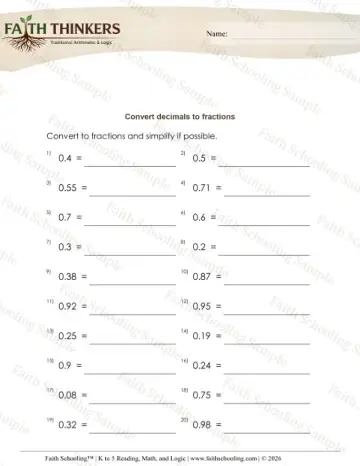 5th Grade math worksheet — Converting Fractions and Decimals. Decimals to Fractions 5