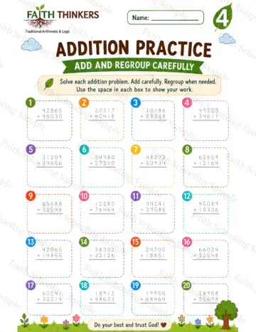 4th Grade math worksheet — Summer Addition Practice 7