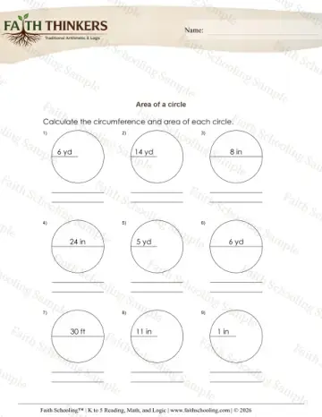 5th Grade math worksheet — Perimeter and Area. Area of Circles 9
