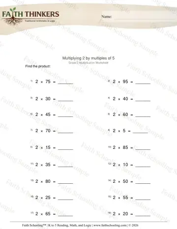 2nd Grade math worksheet — Multiplication Facts and Drills. Multiply 2 Times Multiples Five 2