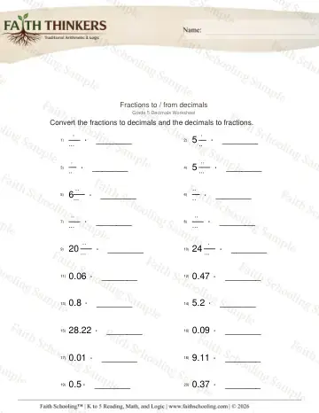 5th Grade math worksheet — Fractions Improper Mixed to Decimals 2