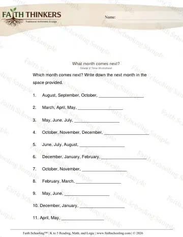 2nd Grade math worksheet — Calendar and Seasons. Months of Year Next 1