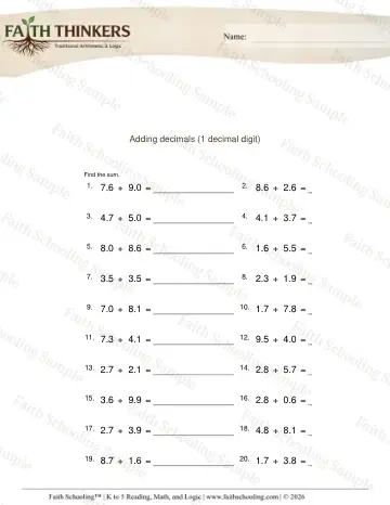 4th Grade math worksheet — Adding Decimals 1 Digit 5