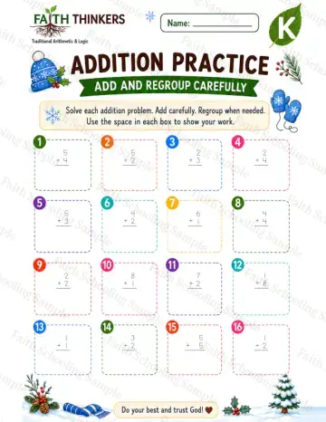 Kindergarten math worksheet — Winter Addition Practice 4
