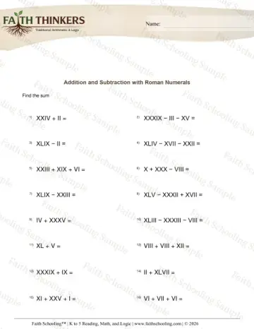 4th Grade math worksheet — Roman Numerals Add Subtract 7