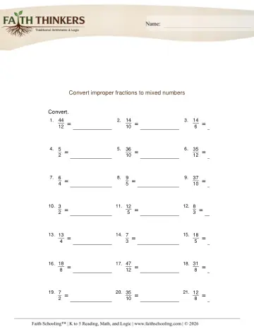 Grade 3 Math: Mixed Numbers Improper Fractions — worksheet preview