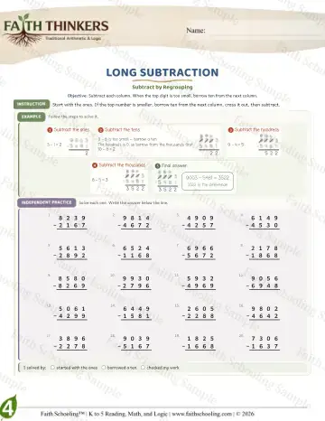 4th Grade math worksheet — Subtraction with Regrouping. Long Subtraction (Practice 8)