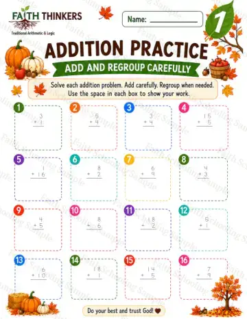 1st Grade math worksheet — Fall Addition Practice 9