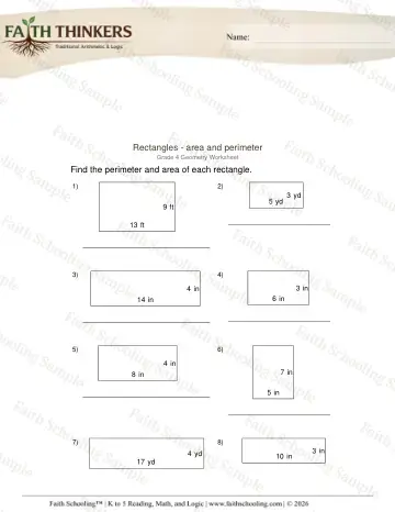 4th Grade math worksheet — Geometry Rectangles Area Perimeter 3