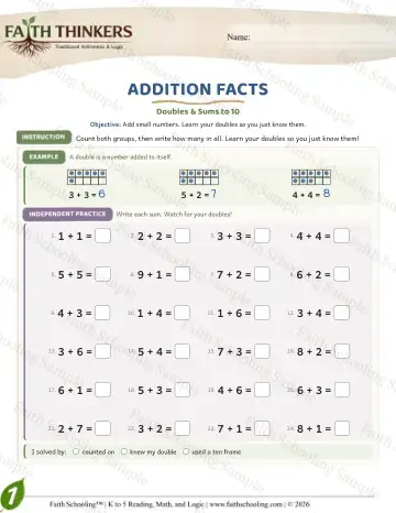 1st Grade math worksheet — Addition Facts (Practice 6)