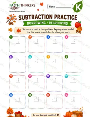 Kindergarten math worksheet — Fall Subtraction Practice 9
