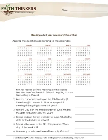 Grade 3 Math: Calendar — worksheet preview