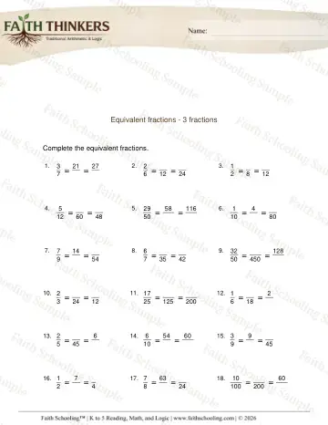 3rd Grade math worksheet — Equivalent 3 Fractions 3