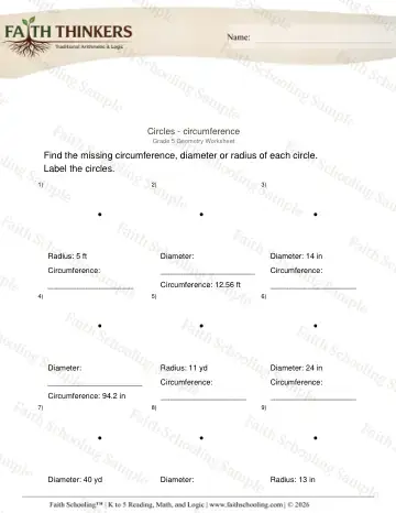 5th Grade math worksheet — Geometry Circles Circumference 2