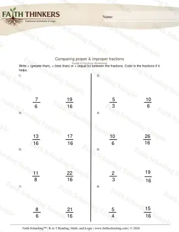 4th Grade math worksheet — Comparing Proper and Improper Fractions 2