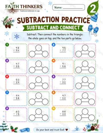 2nd Grade math worksheet — Winter Subtract And Connect Practice 7