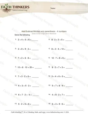 4th Grade math worksheet — Order Operations Add Sub Mult 4 Without 4