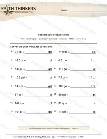 5th Grade math worksheet — Converting Fluid Volume Units Decimals 7