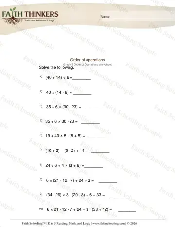 5th Grade math worksheet — Order Operations 2