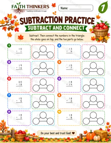 1st Grade math worksheet — Fall Subtract And Connect Practice 8