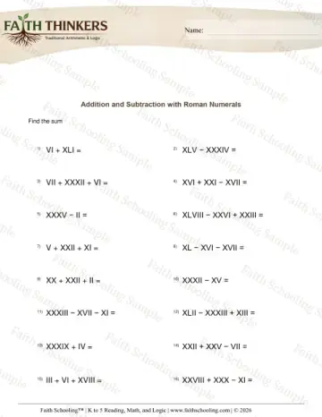 4th Grade math worksheet — Roman Numerals Add Subtract 6