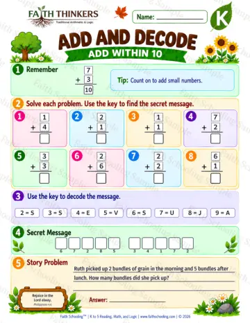 Kindergarten math worksheet — Addition as Joining Practice 9