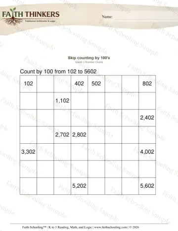 3rd Grade math worksheet — Skip Counting. Counting by 100s from Random 2 (Practice 1)