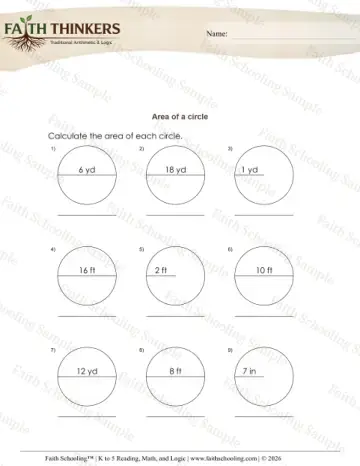 5th Grade math worksheet — Perimeter and Area. Area of Circles 7